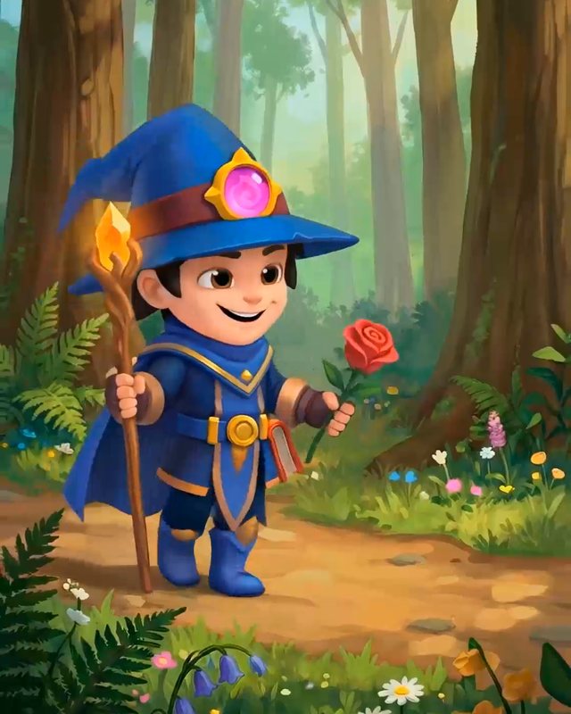 Painted young wizard character in a forest