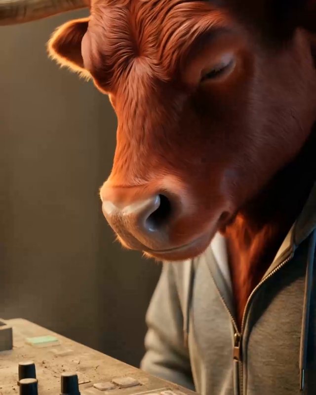 Photoreal bull mascot in a hoodie