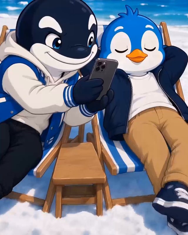 Cartoon orca and penguin mascots