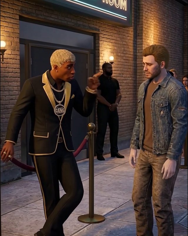 Stylized 3D characters outside a night club