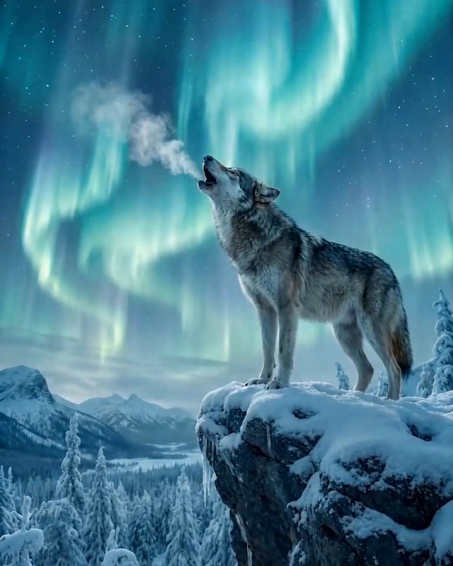 Wolf howling under the aurora